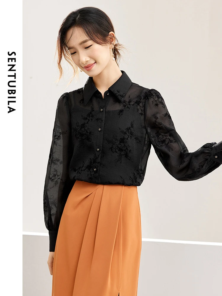 SENTUBILA Black Lapel Printed Long Sleeve Blouses Tank Top 2024 Spring Chinese Style Loose Button Up Shirt Camisole 141C53374