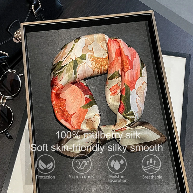 2026 Spring 100% Real Silk Scarf Women Floral Bandana Shawl Lady Mulberry Silk Neckerchief Handkerchief Female Wrap 53cm