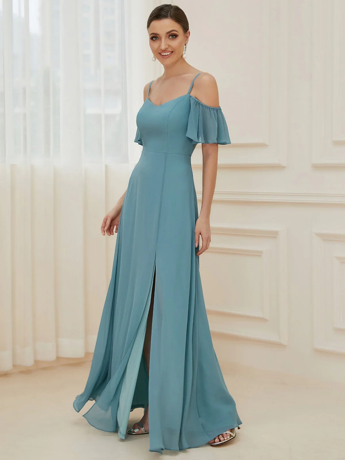 Women\'s Off Shoulder Short Sleeve Split A-Line Floor Length Chiffon Off-The-Shoulder Side Slit Bridesmaid Dress with sleeves