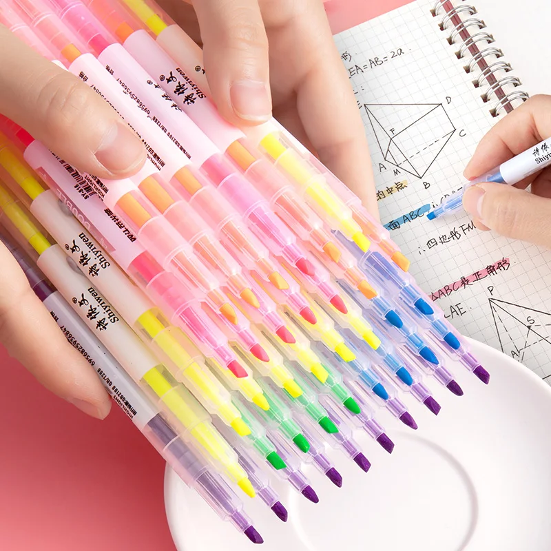 6 Colors Double Headed Highlighter Pen Art Markers Kawaii Japanese Color Fluorescent Pens School Office Supplies Stationery