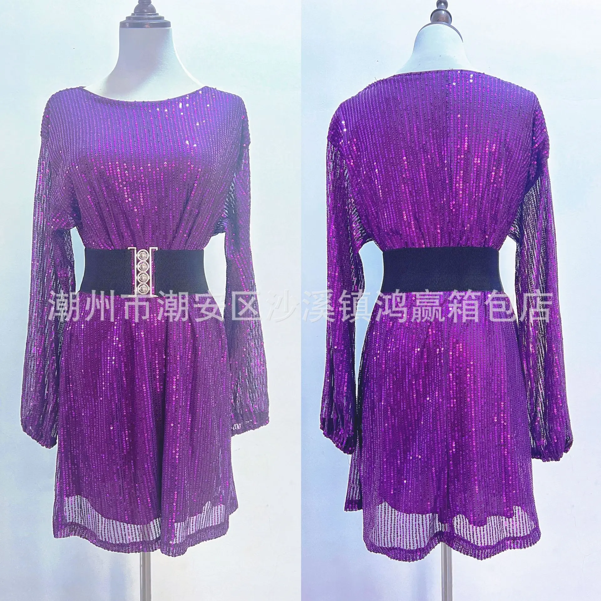 

New Fashion Versatile Luxurious Waist-Cinching Slimming Round Neck Heavy Beaded Sequin Embroidered Long Sleeve Dress for Women