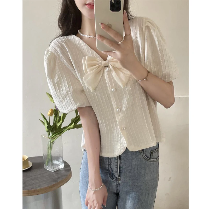 Women Stylish Bow Sweet Chic Luxury Beads Button Shirts Elegant V Neck Short Sleeve Blouses Female Solid Loose Kawaii Fairy Tops