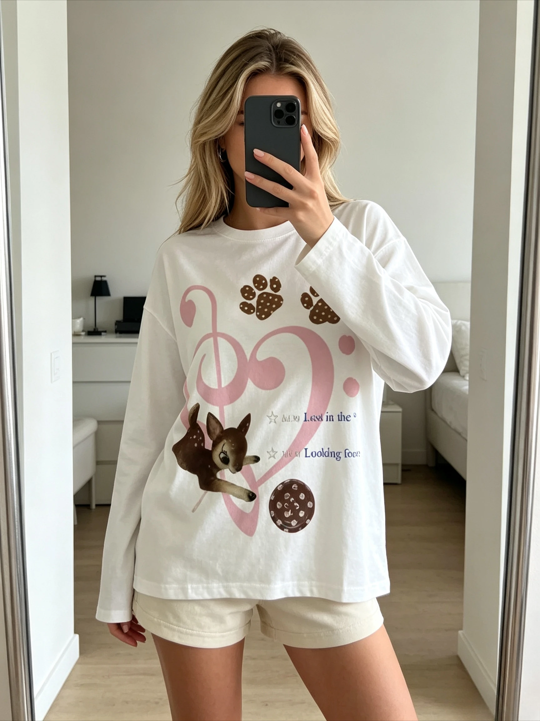 Camiseta blanca de manga larga con cuello redondo, estampado con motivos de un adorable ciervo, un corazón, un símbolo de clave de sol y huellas de pata, ideal para un estilo casual y como prenda básica de manga larga.