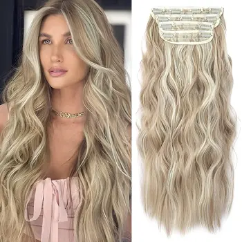 Grampo longo ondulado em extensões de cabelo sintético 4 pçs/set para mulheres resistente ao calor preto marrom destaque longo ondulado clipe no pedaço de cabelo