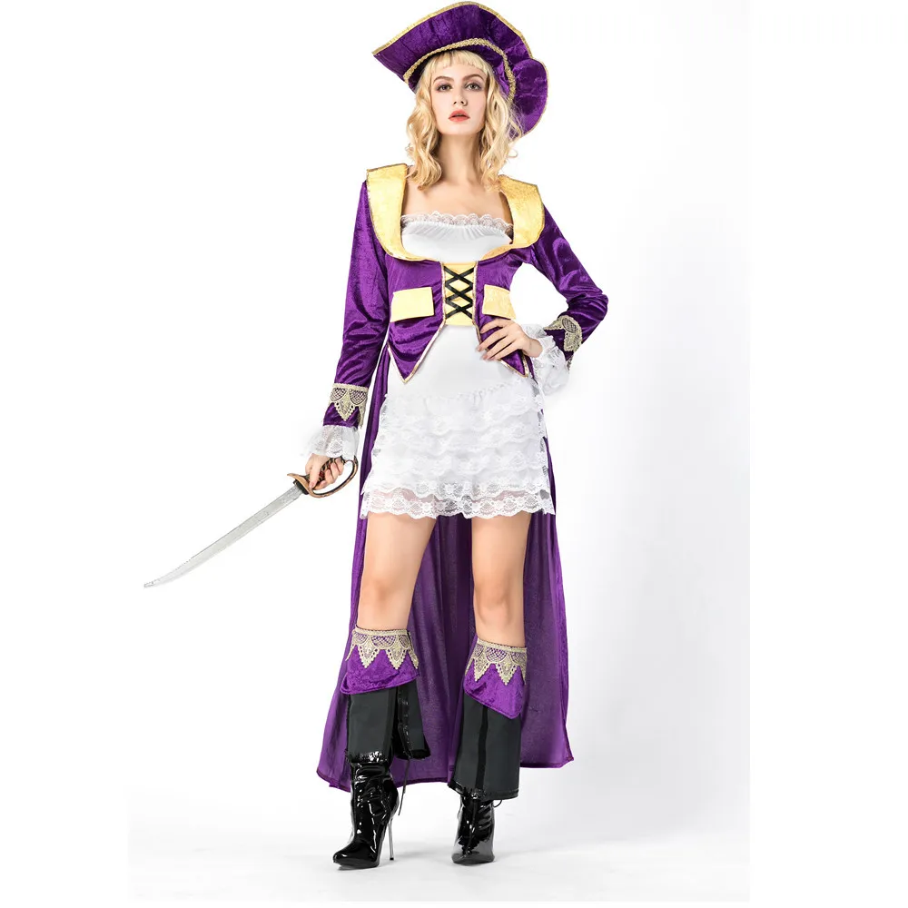 Halloween Women Pirates Costume of The Caribbean Pirate Captain Costume Deluxe Pirate Dress Cosplay Fantasia Fancy Purple Dress