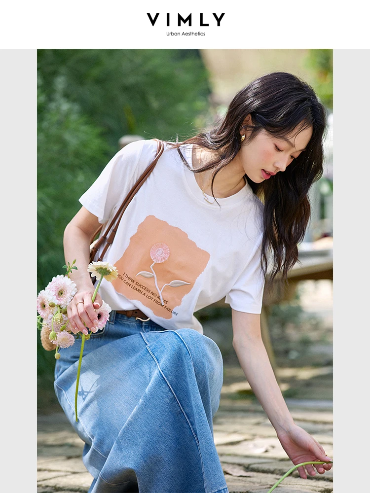 

VIMLY White Knitted T-shirt Women's Summer 2025 Casual Embroidery Pattern Crew Neck Woman Short Sleeve Top Chemises Femmes M8030