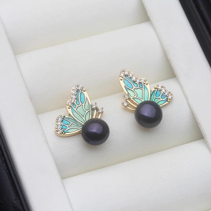 

Серьги из натурального серебра 925 пробы с жемчугом-бабочкой, черные оригинальные мини-серьги с натуральным пресноводным жемчугом, подарок для жены, матери, вечеринки, розовый