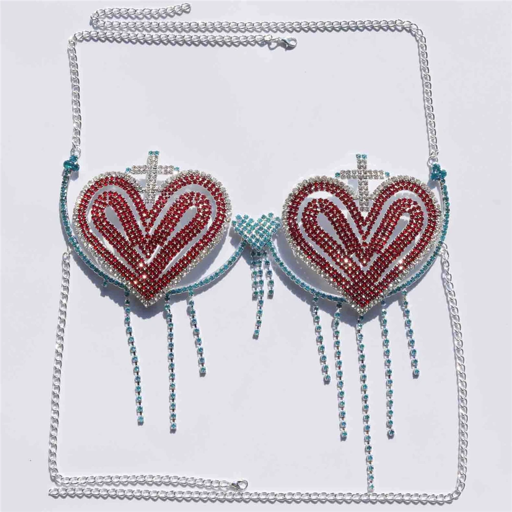 Luxury Rhinestone Heart Tassel Bra Rave Chest Chain Harness Lingerie Shinny Crystal Body Chain Bra Jewelry Bikini For Women