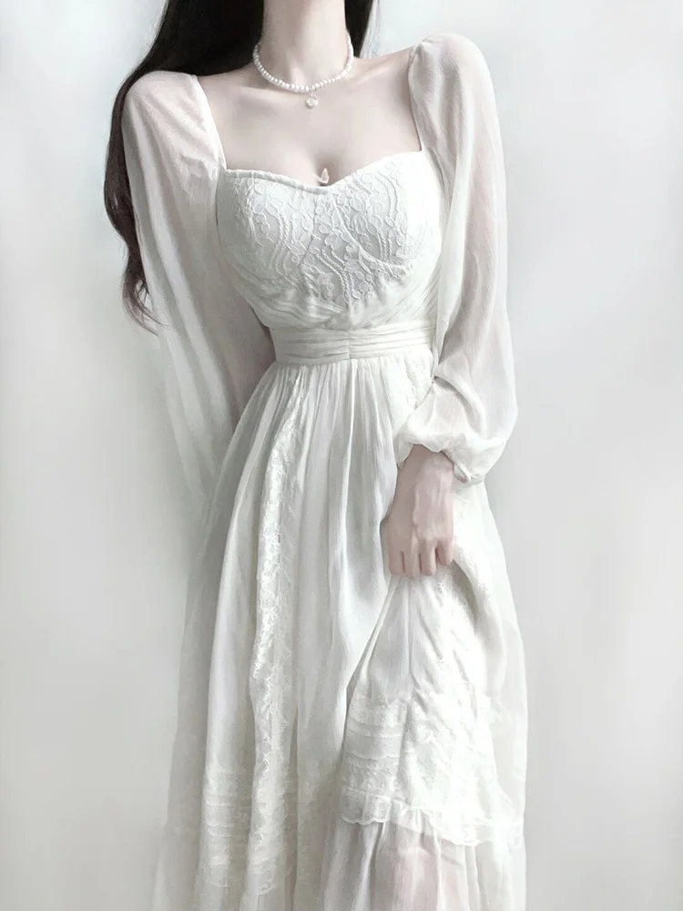 White Dress Spring and Summer New First Temperament Waist-Controlled Long