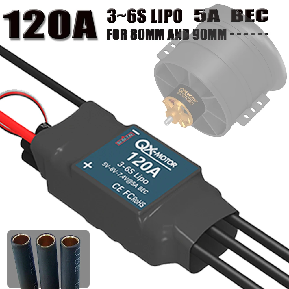 QX-MOTOR 120A ESC 3-6S lipo 5A BEC controlador electrónico de velocidad sin escobillas para Motor sin escobillas EDF de 80mm 90mm