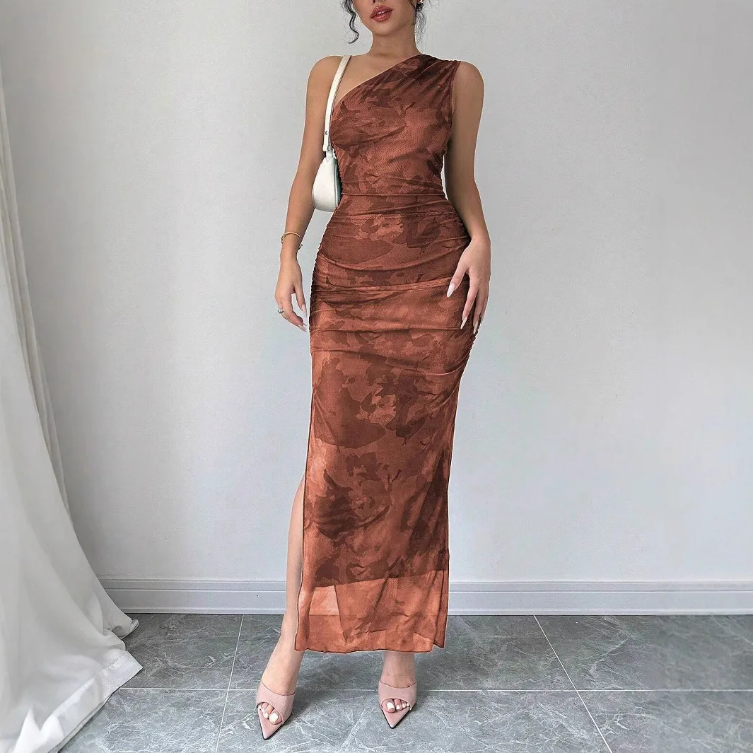 Mulheres elegantes marrom inclinado gola de ombro sem mangas floral impressão lateral fenda vestido apertado verão moda magro ajuste vestidos de festa