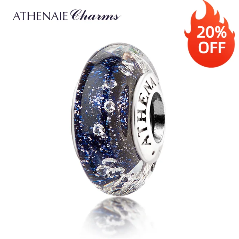 

ATHENAIE Genuine 925 Silver Murano Glass Beads Core Multi-Clear CZ Charms Beads Fit All European Charm Bracelets Color Dark Blue