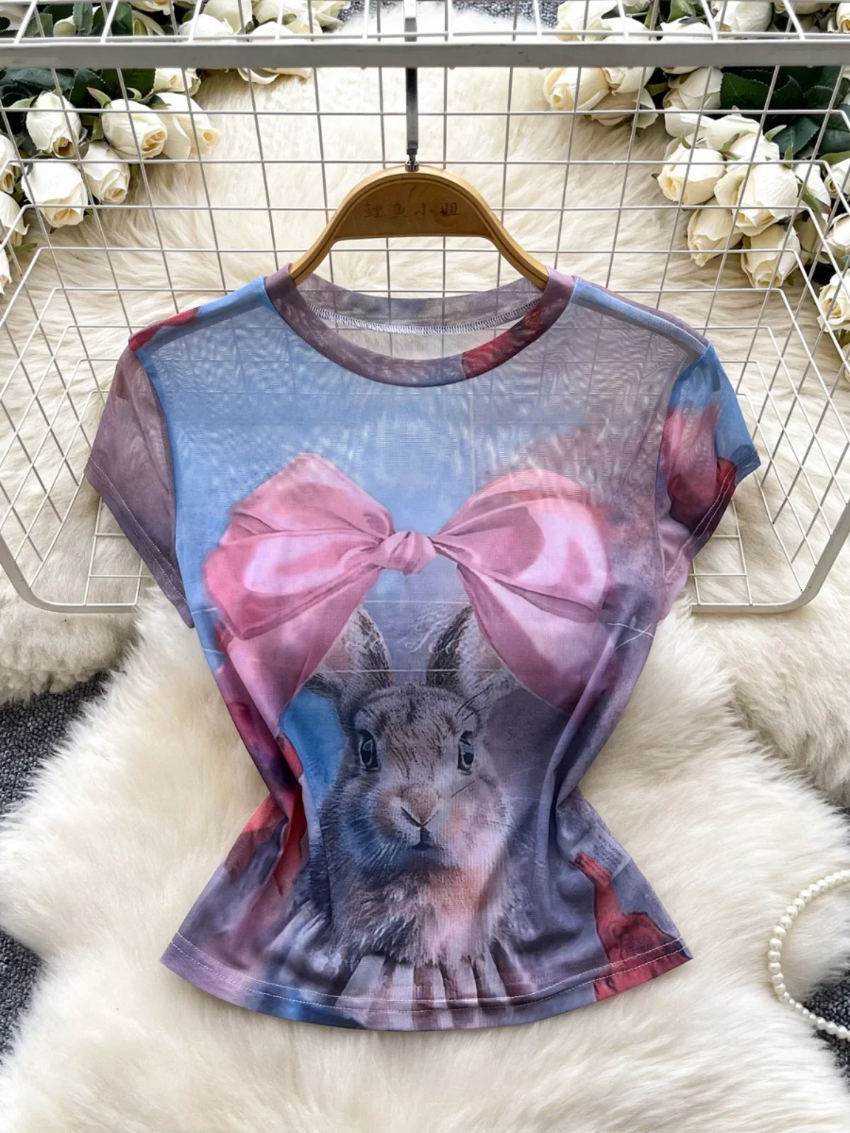 ssTss American Cool Spicy Rabbit Printed T-Shirt Women's Autumn Skinny Tulle Fried Street Design Sense Pure Desire Top Trend