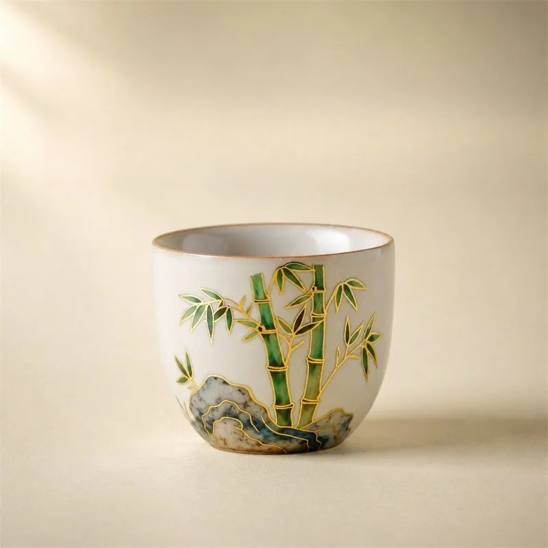 Creamy Yellow Ruyao Ceramic Bell Teacup Xiangxiao Bamboo Stone Design Single Kung Fu Tea Cup Home Office Drinkware