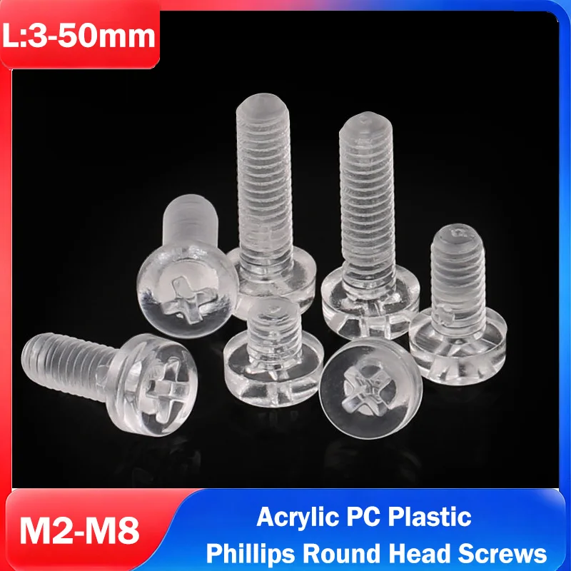 M2 M2.5 M3 M4 M5 M6 M8 Acrylic PC Plastic Nylon Phillips Round Head Screws Transparent Clear Bolts Length:3-50mm