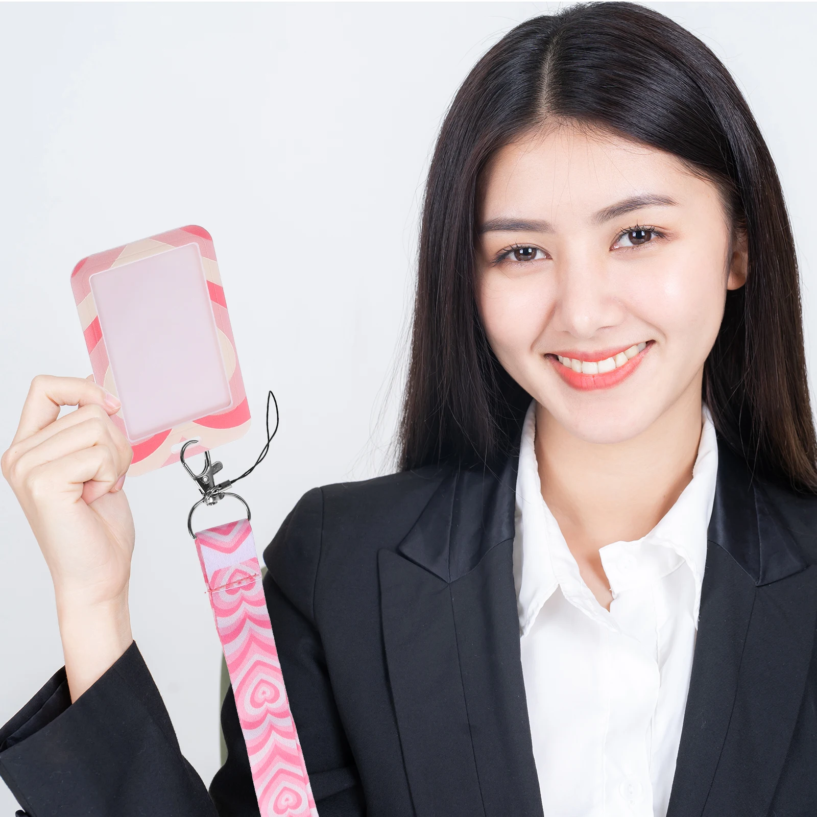 

Adorable Heart Shaped Lanyard Card Holder Pink ID Badge Cover for Student Nurse Teacher Credit Cards Protector Delicate Pattern