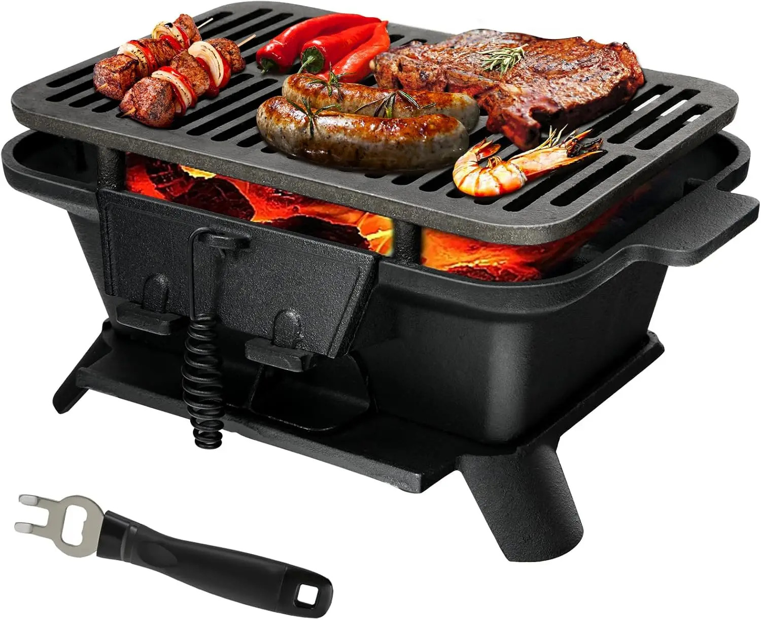 Outdoor Picnic, Camping & Backyard Barbecue - Double-sided Cast Iron Grill with Air Regulating Door & Fire Gate, Grate Lifter