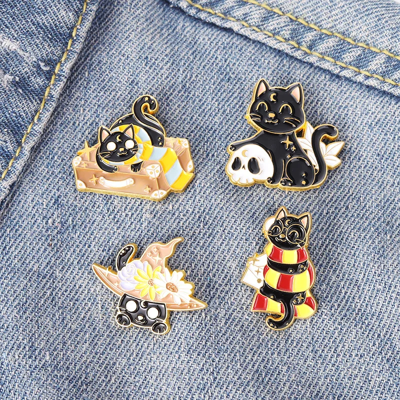 Cat Brooch Halloween Wizard Hat Couple Cat Sun Moon Cat Brooch Black White Cat Alloy Enamel Badge Lapel Pins Cat Brooch Skull