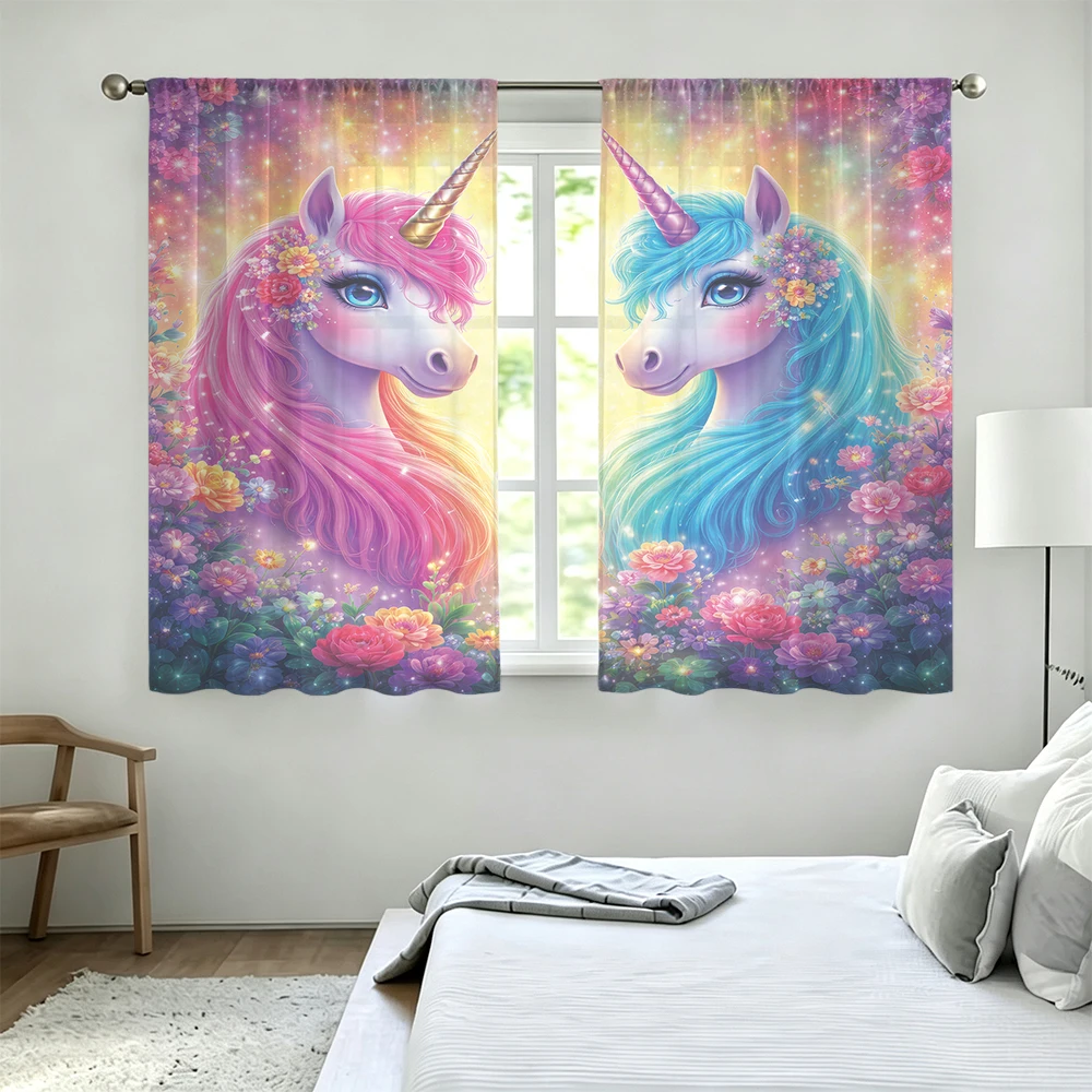 2Pcs Garden Double Color Unicorn Rod Pocket Curtains Light Blocking Privacy Window Curtains For Bedroom Living Room Vibrant F