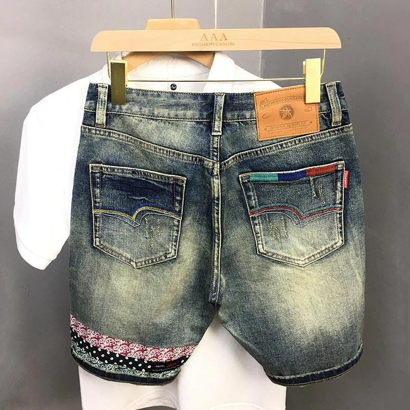 Men's Vintage Heavyweight Denim Shorts Embroidered with Torn Pattern American Style Trendy Summer Casual Daily 5 Inches
