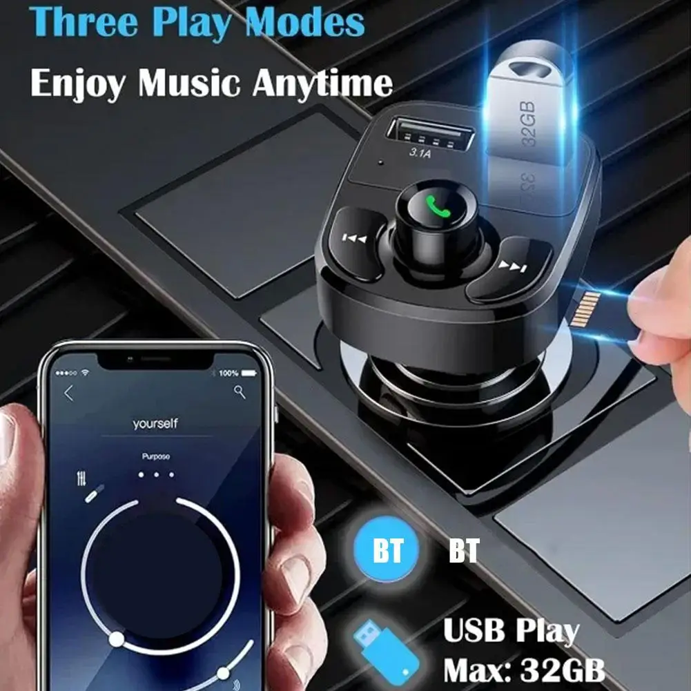 Car Wireless Bluetooth Car Transmitter Noise-cancelling Player Bt5.0 Port Mp3 Usb Microphone 3.1a Dual Car Electronics Outp V6e5