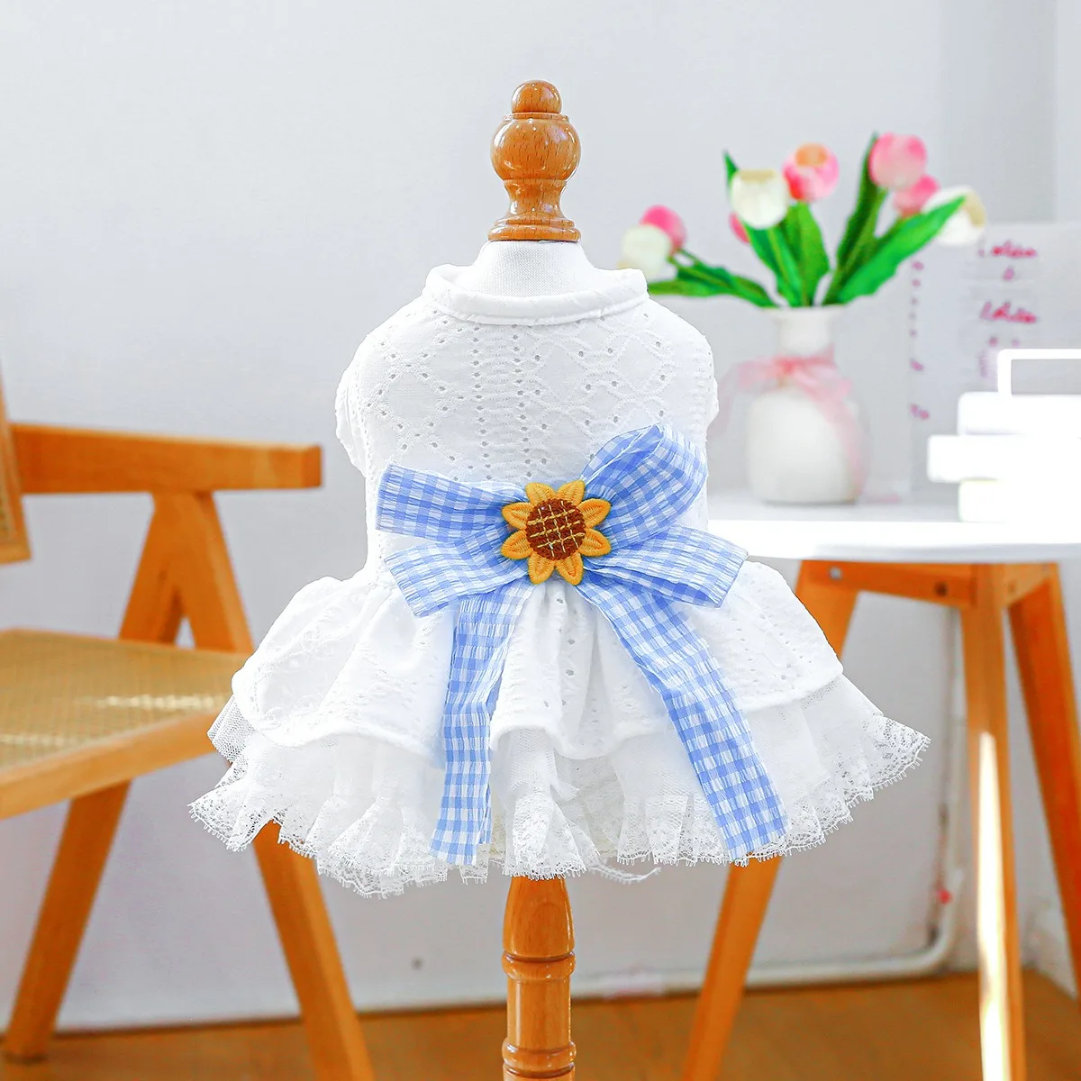

Maltese Sunflower Saree Spring Summer Teddy Princess Pom Pom Big Bow Dog Clothes Puppy Breathable Dresses