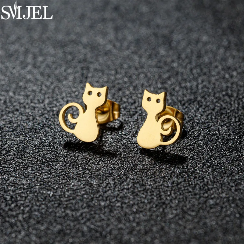 Cute Stainless Steel Happy Long Tail Cat Small Stud Earrings Women Fashion Kitten Jewelry Animal Ear Jewelry Accessories Brincos