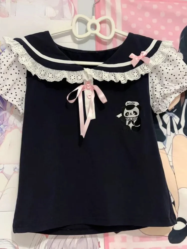 Japanese Y2k Lace T-shirt Women Kawaii Cartoon Embroidery Graphic T Shirts Harajuku Fashion Casual Bow Tops Cute Tees Camisetas