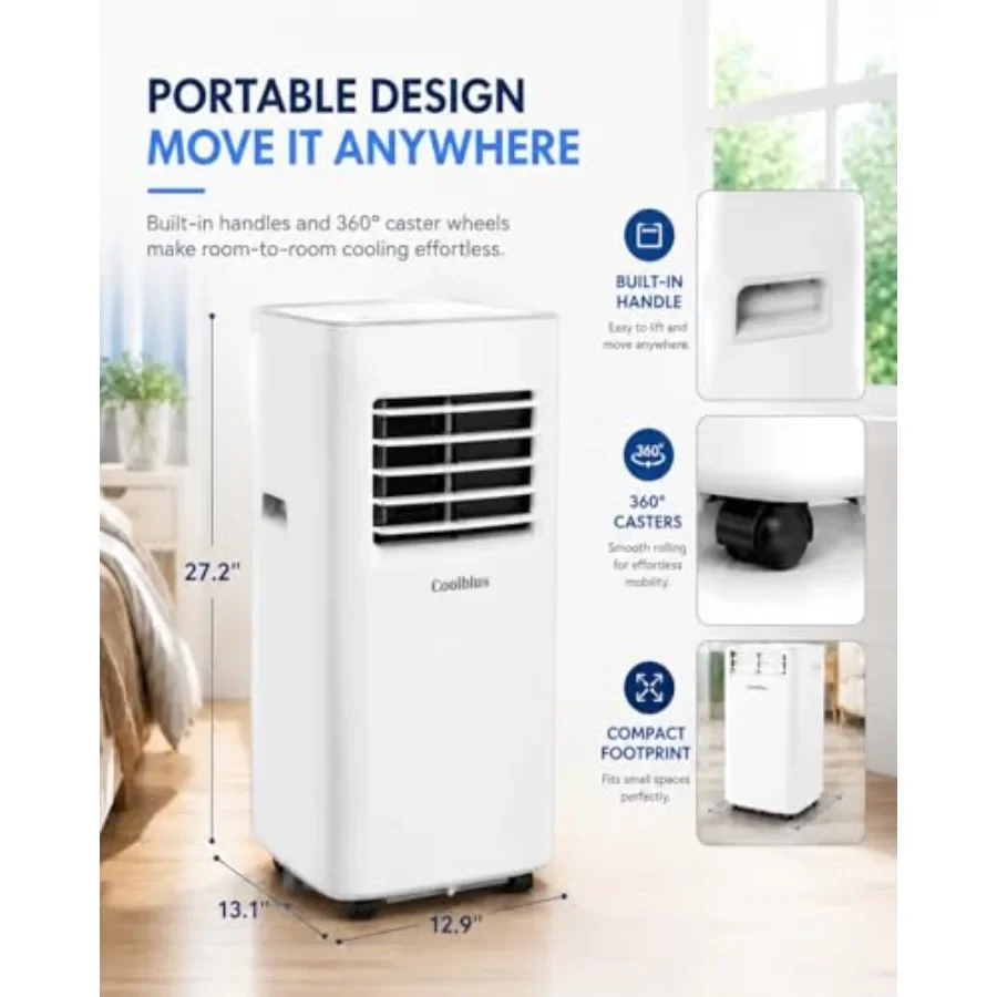 Portable air conditioners for home use, white ABS plastic, 8500 BTU cooling capacity for up to 360 sq.ft, 3-in-1 functionality