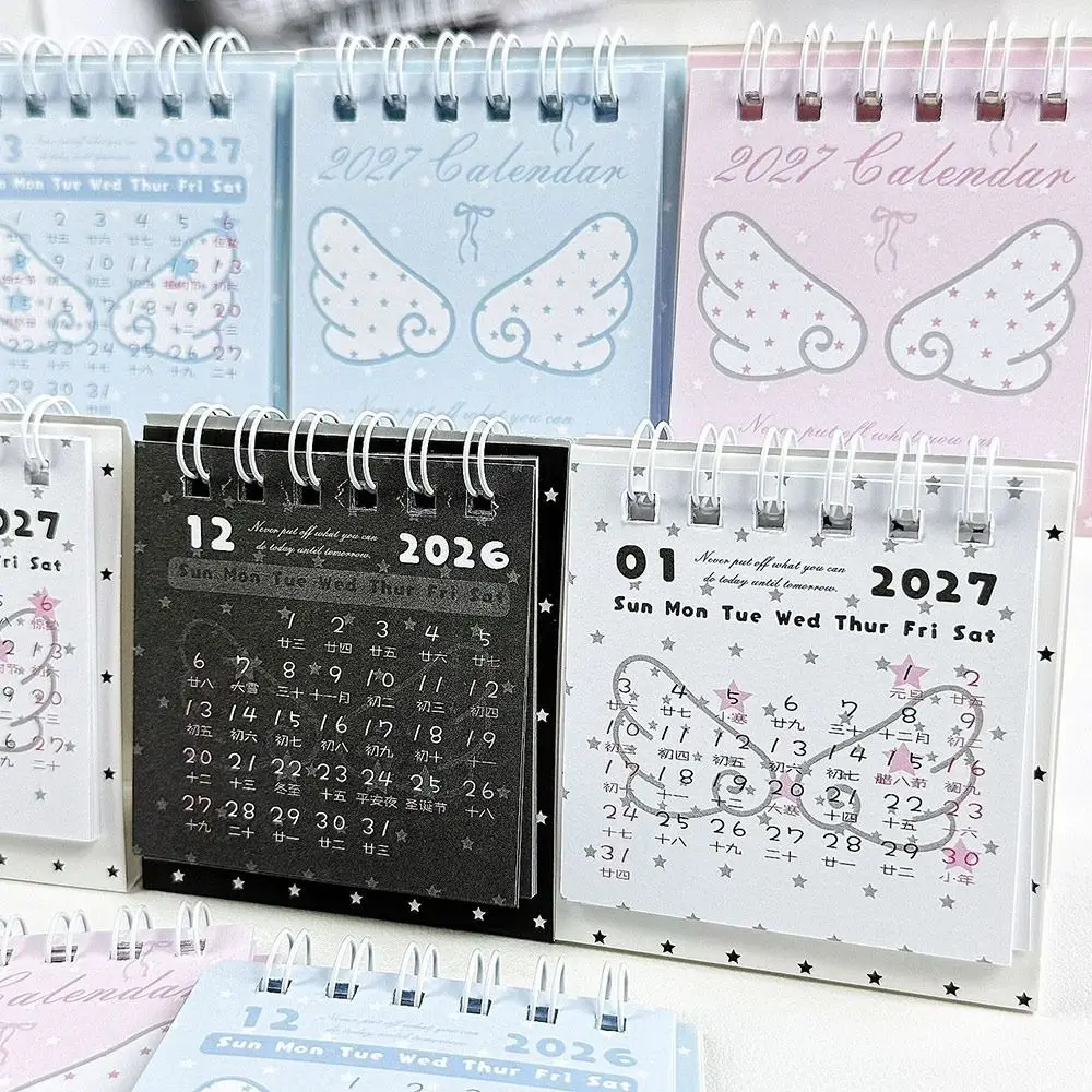 Paper Tabletop Calendar Standing Spiral Bound Spiral Desk Calendar Star Pattern Angel Wing Pattern Mini Desk Calendar