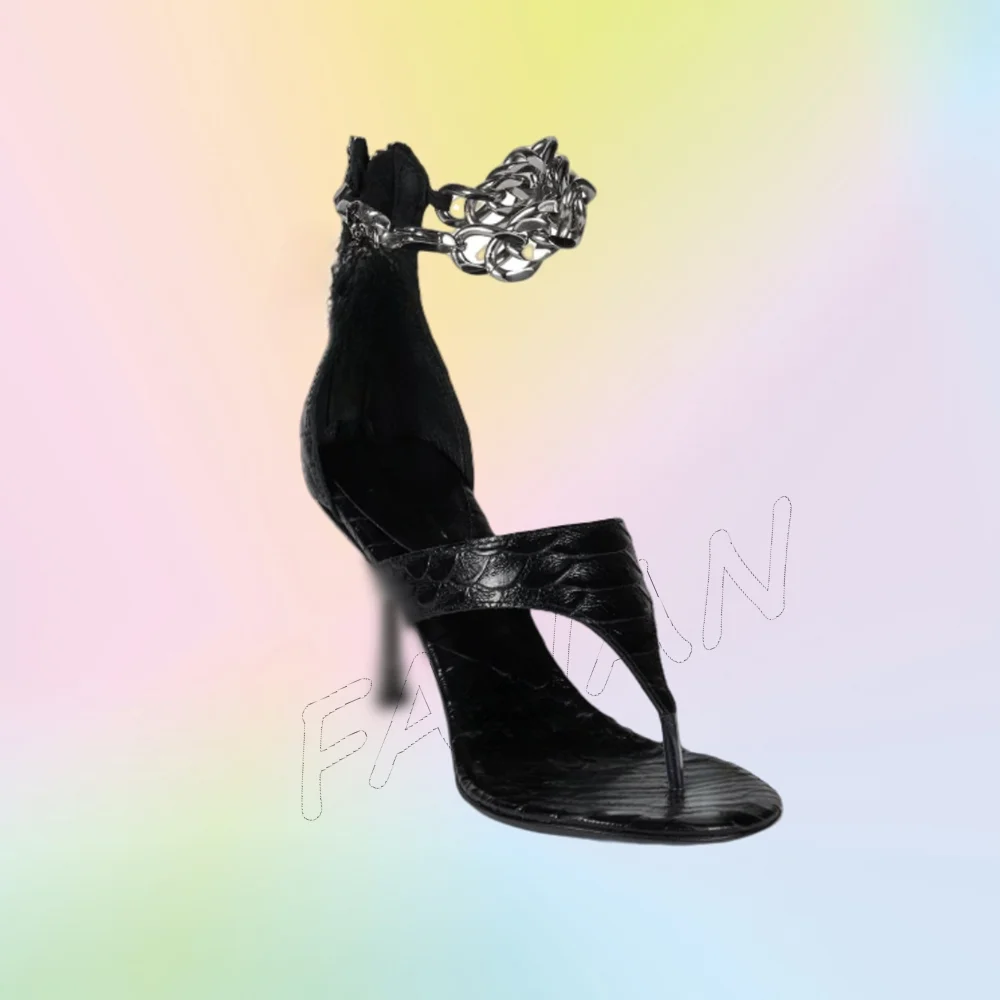 

Black Chain Decor Y Strap Sandals Back Zipper Round Toe Thin Heels Shoes High Heel Shoes for Women 2025 Zapatos Para Mujere
