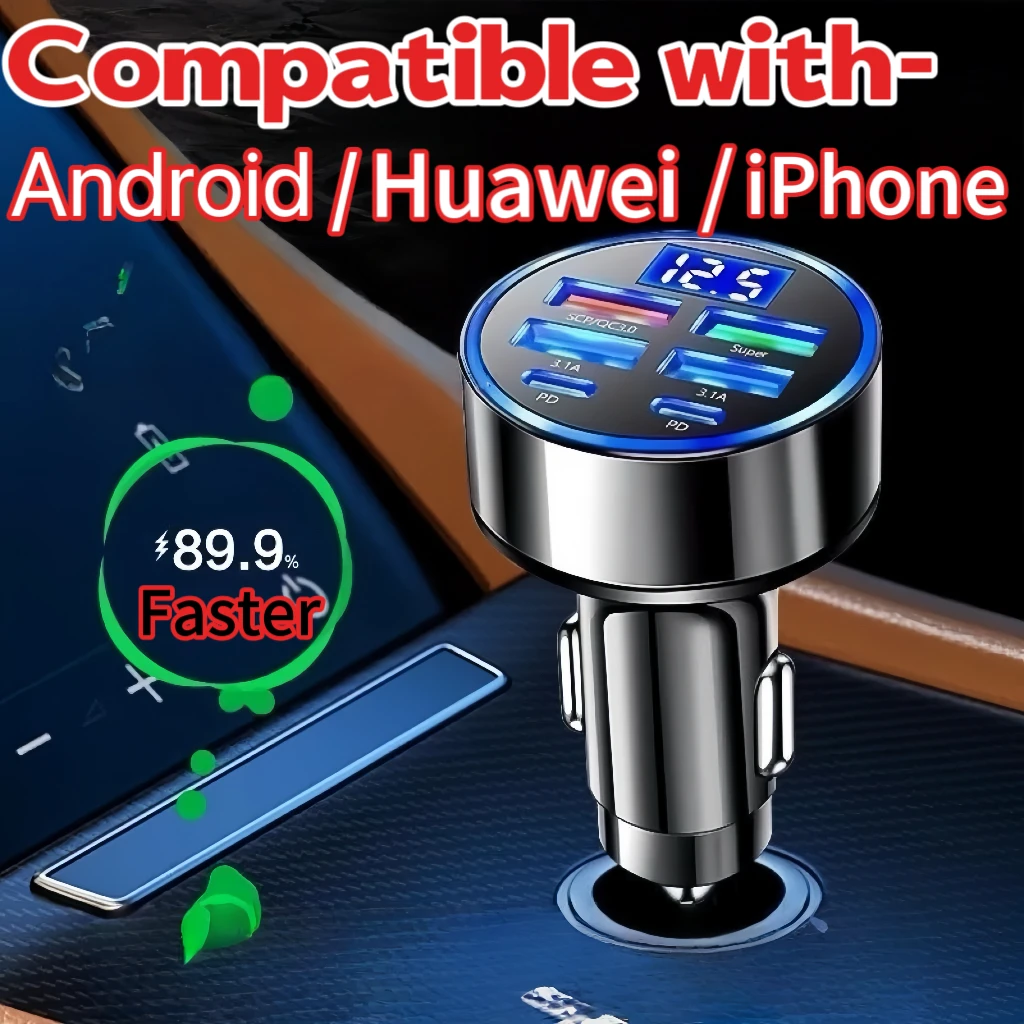 6in1 Car Charger Super Fast Charging 4 USB 2 USB C Multi Port with Voltage Digital Monitor for Car Cigarette Lighter