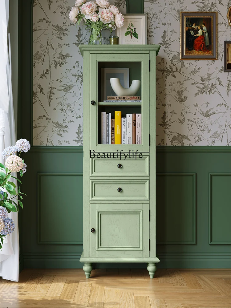 

American Country Green Solid Wood High Storage Cabinet Side Cabinet Integrated Wall