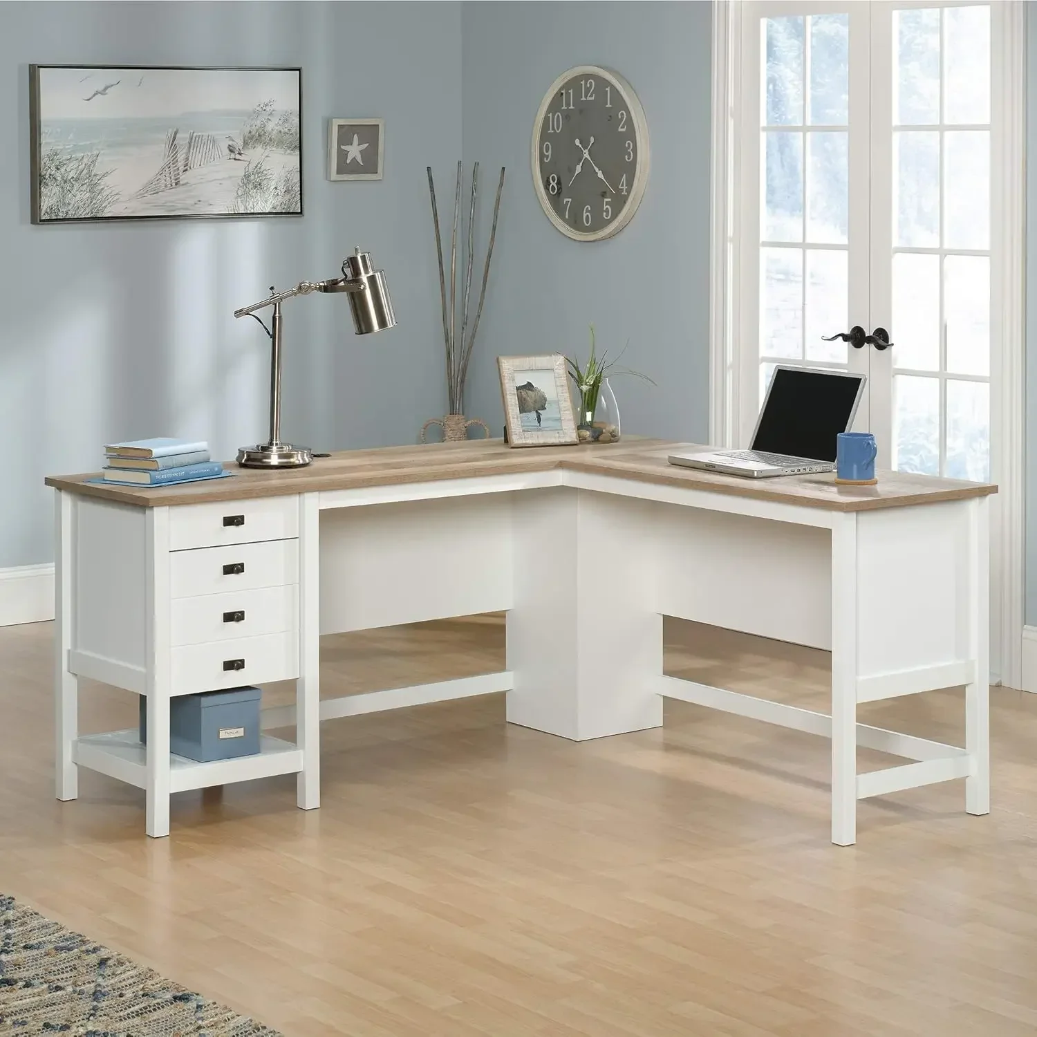 Cottage Road L-Desk, L: 65.12 x W: 58.66x H: 29.76, Soft White Finish