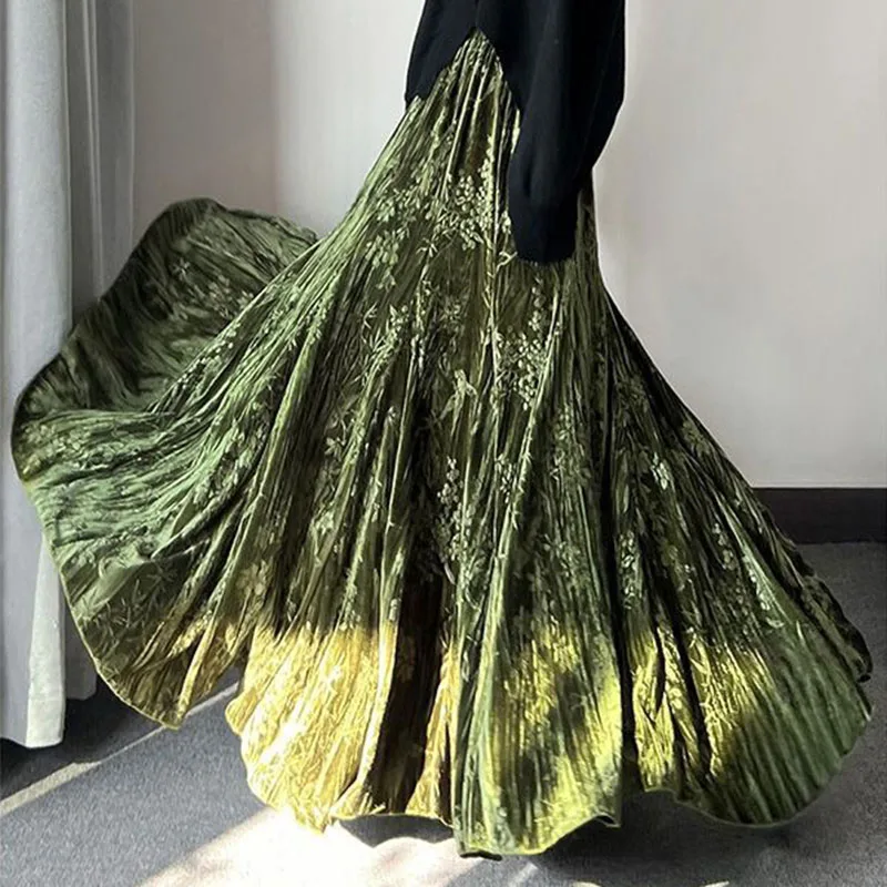 

Vintage Printed Gold Velvet Skirt For Women Autumn Winter French Elegant Fashion Pleated Long Large Swing Mermaid Skirts