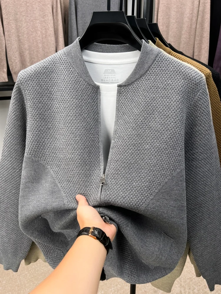 Light luxury double zipper men's sweater cardigan fashion solid color splicing comfort pocket new leisure V-neck knitted coat