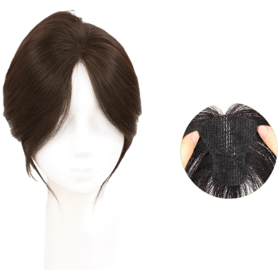 Replacement Magic Paste Human Hair Toppers Center Parting French Bangs for Women No Need Clips Hook and Loop Fluffy Hair Patches