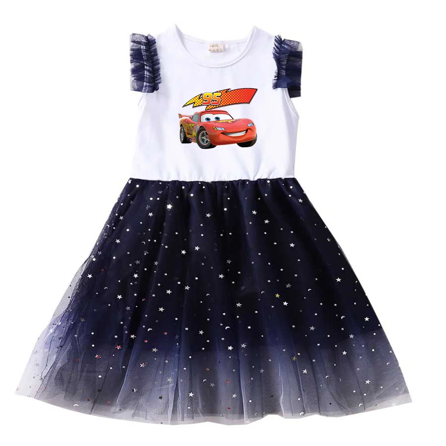 Pixar Cars Lightning McQueen Summer Kids Dresses for Girls Kids Cartoon Short Sleeve Dress Children's Prom Mesh Dresses