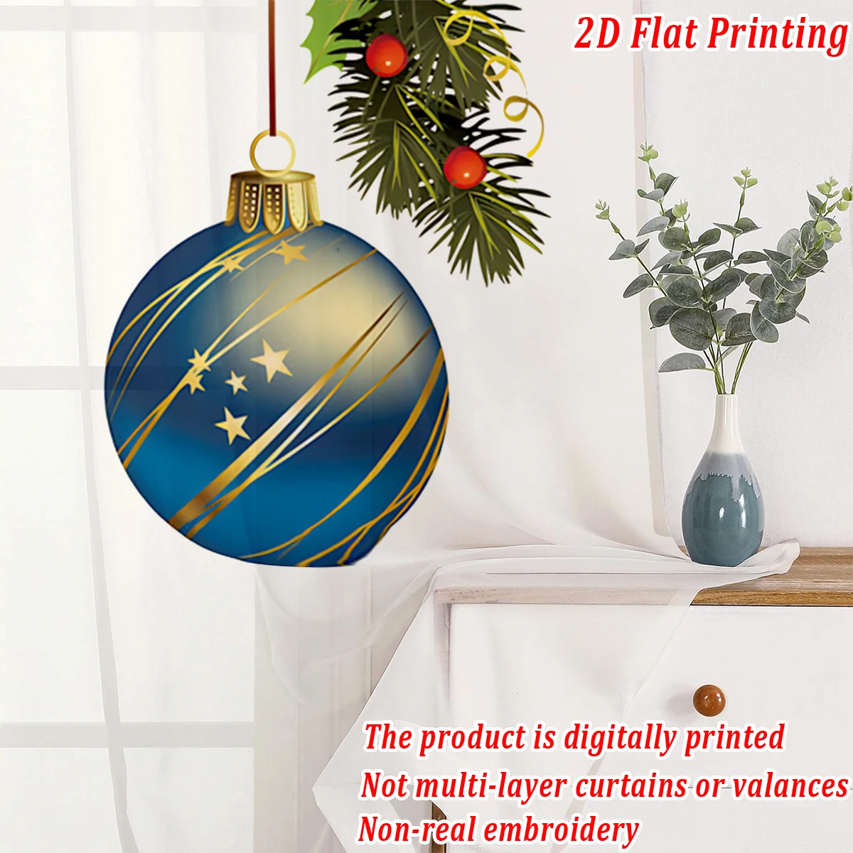 ستارة شفافة مطبوعة مسطحة لعيد الميلاد مع جرس فرع الصنوبر الهدال لعيد الميلاد لغرفة المعيشة وغرفة النوم وحفلات العطلات