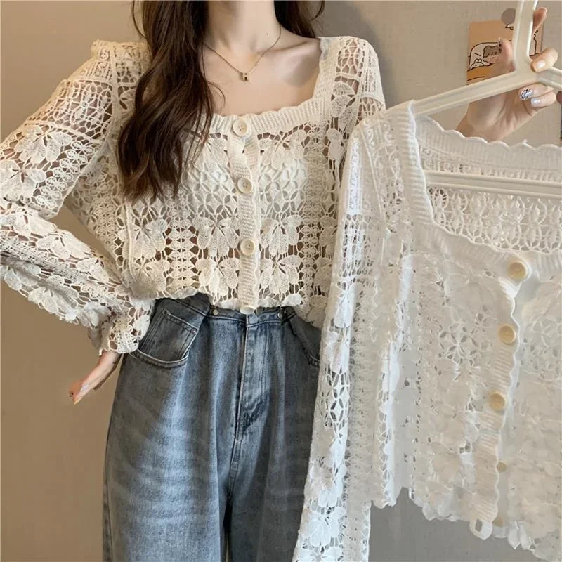 Short Shawl Thin Coat Women\'s Knitted Cardigan Summer Blouse Short Vintage Clothes for Women Tops Shirts Blouses