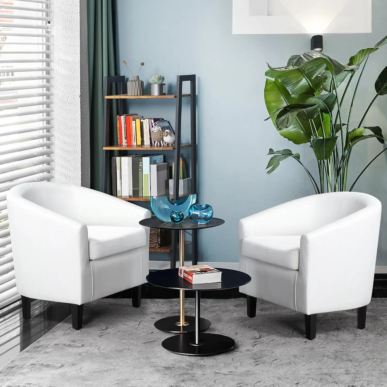 White Accent Chairs Set of 2, Faux Leather Barrel Chairs, Modern Living Room Chairs, Comfy Club Chairs with Sturdy Woo