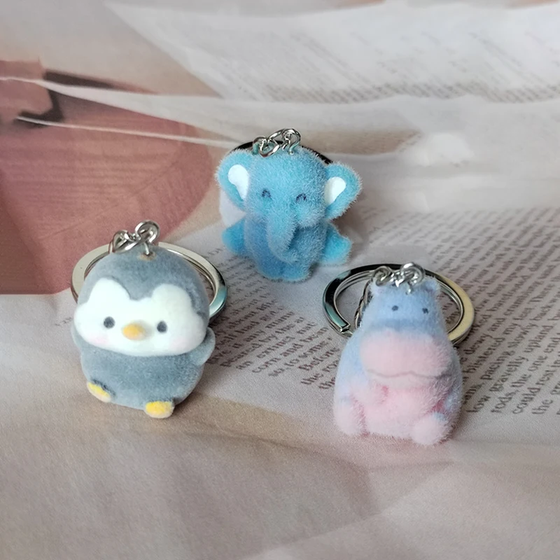 Flocking Cute Hippo Elephant Hedgehog Keychains For Friend Gift Resin Cartoon Lovely Fluffy Penguin Animal Pet Bag Box Key Ring