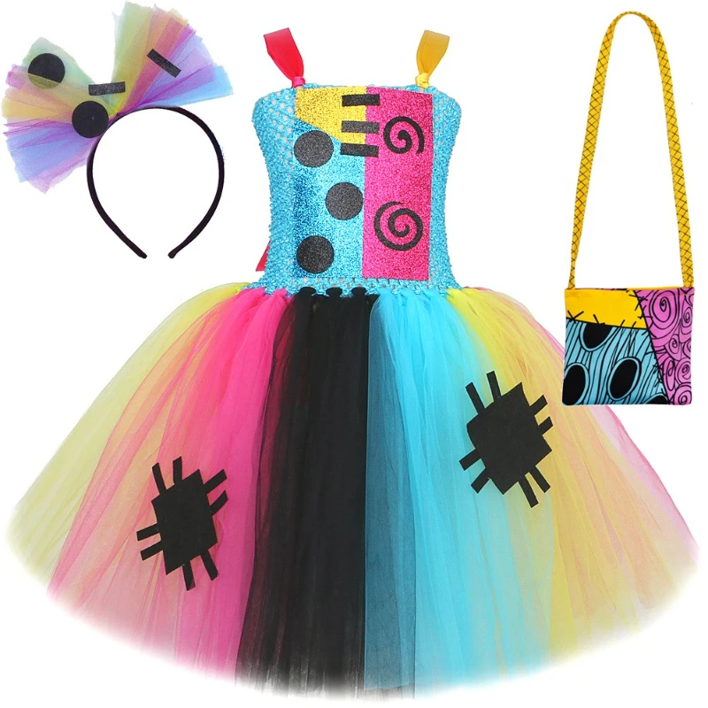 Kids Scary Nightmare Sally Costume Halloween Tutu Dress Toddler Girls Carnival Party Fancy Patch Doll Princess Dress Up Clothes