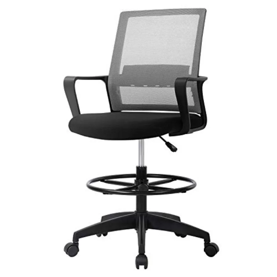 Drafting Chair Tall Office Chair Mesh Ergonomic Mid-Back Desk Chair with Adjustable Foot Ring for Executive Computer Standing D