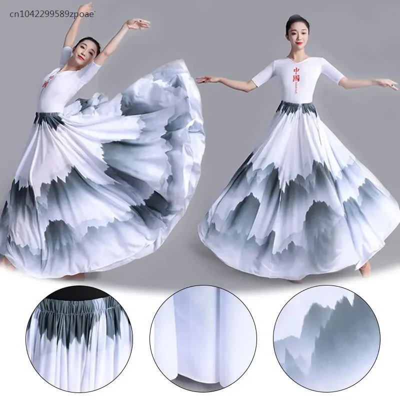 360/720 Degree Chinese Style Ink Painting Skirt Big Swing Chiffon Skirt Lady Classical Dance Skirts Practice Performance Dress