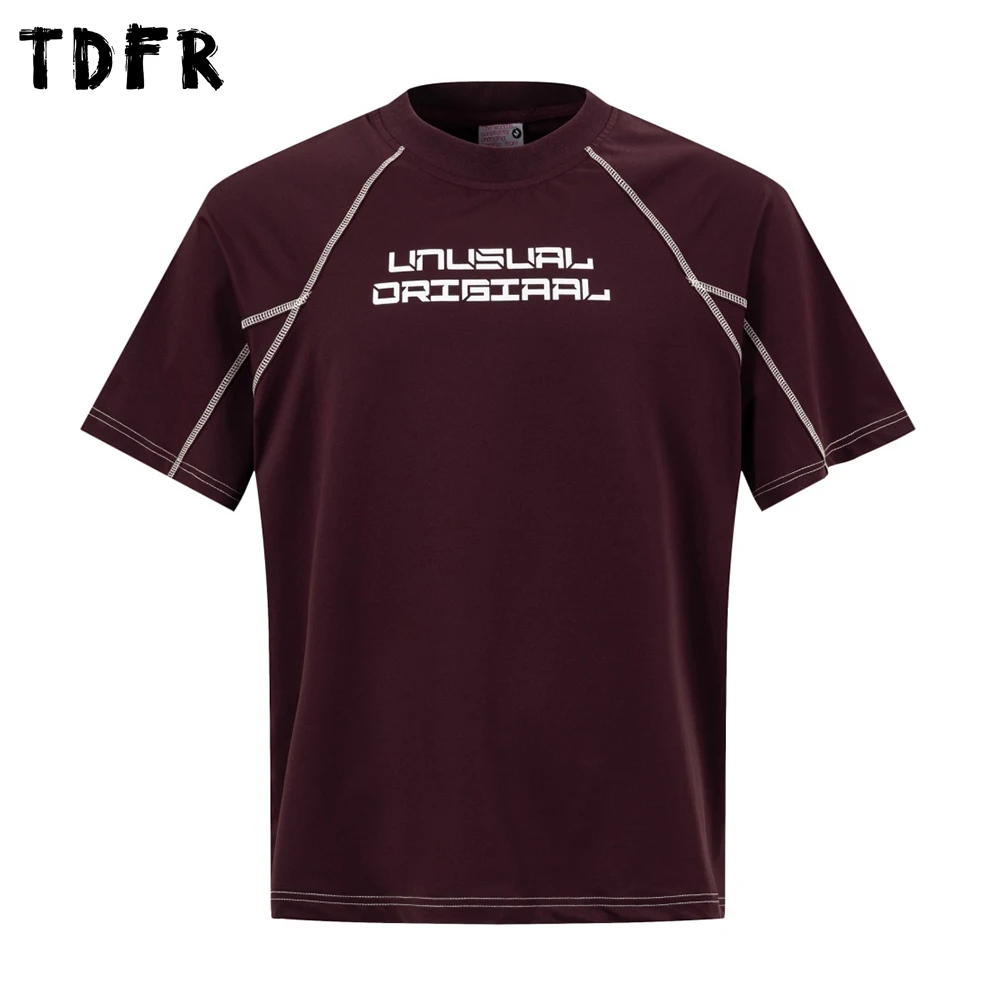 Letter Print Spliced Short Sleeve T-shirt Mens Topstitch Summer Retro Casual Loose Raglan Sleeve Crew Neck Tee Man