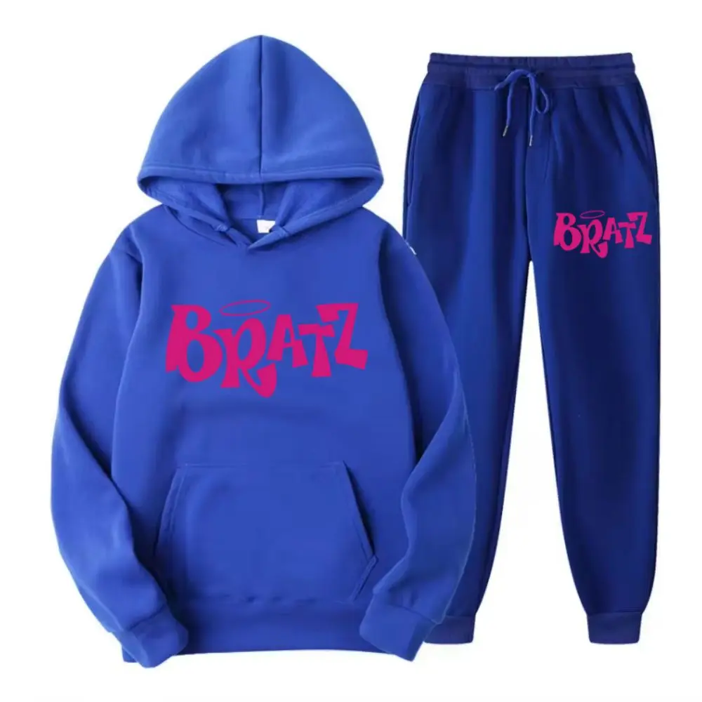 Two Piece Set Autumn Woman Hoodie & Pants Warm Comfortable Fleece Pullover Y2K Pink Bratz Letter Print Sportswear Street Clothes