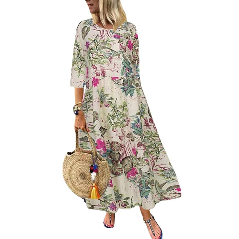 Mode Kurzarm Lose Elegante Gedruckt Maxi Lange Kleid Frauen Casual O Neck A-line Bohi Party Kleider Weibliche Urlaub Kleidung