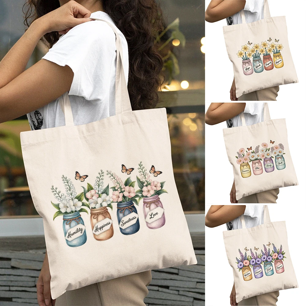 

Fashion Watercolor Flower Jar Butterfly Decor Girl Shopper Bag Large Capacity Garden Lady Daily use Shoulder Handbag 40x45cm