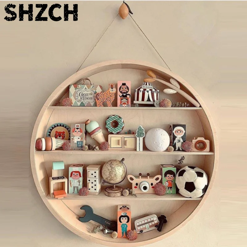 Wooden Wall-mounted display rack Lanyard storage rack Home decoration pendant Wooden shelving Round wall hanging shelf kids Room